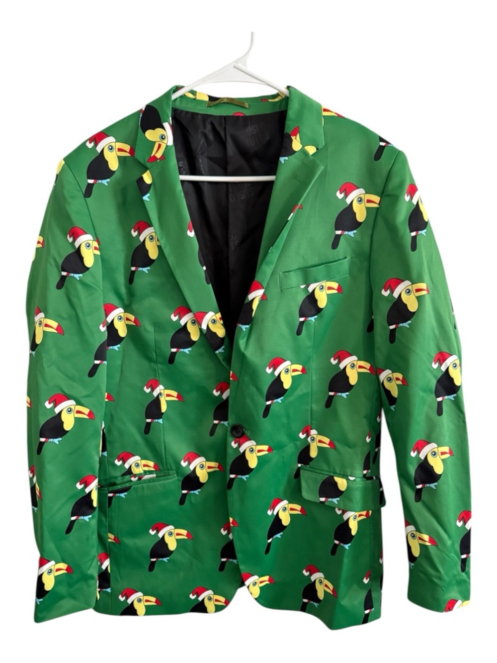Suslo Couture Christmas Toucan Blazer XL 44 Slim Fit Green Novelty Suit Jacket